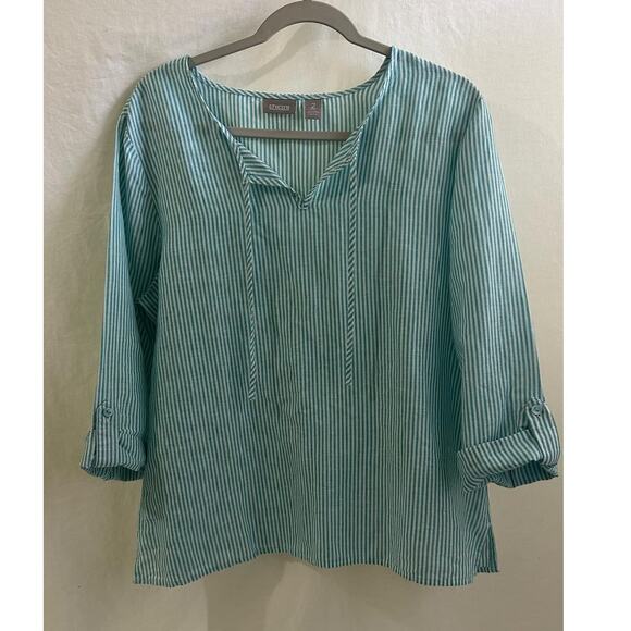 Chico's Tops - Chico's Size 2 Striped Tie Neck Button Sleeve Linen Blend Top
